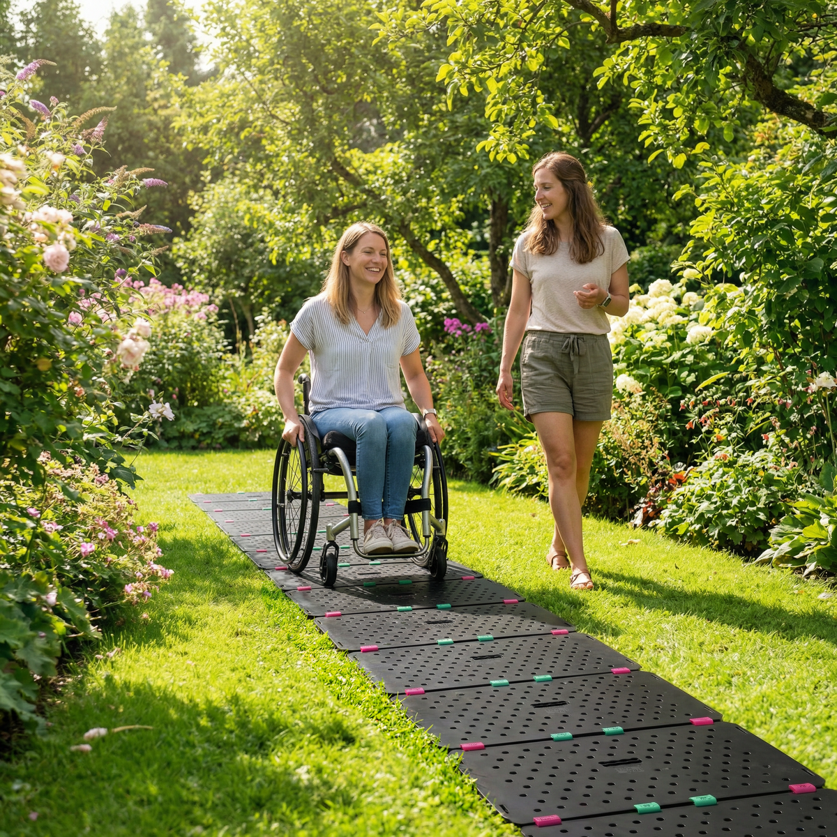 Rollstuhlfahrerin und Begleiterin auf einem TRAIL-MATE FLEX Weg über den Rasen im Garten